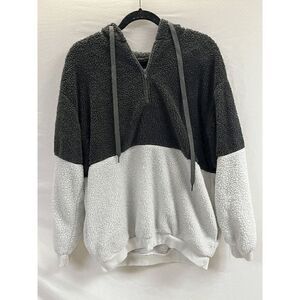 Womens Pullover Fuzzy Half Zip Hoodie Sweatshirt Gray White Sz XL 100% Polyester